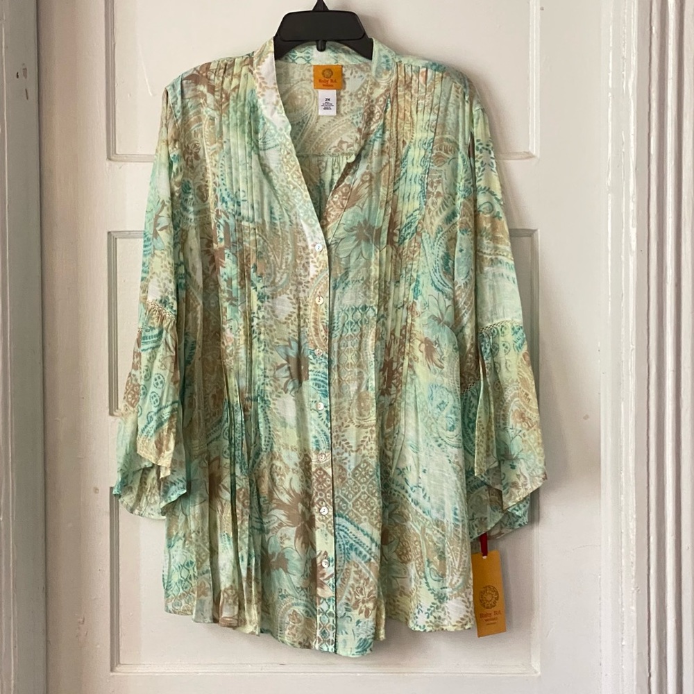 Ruby Rd. Green Print 3/4 Sleeve Button Down Size 2X NWT